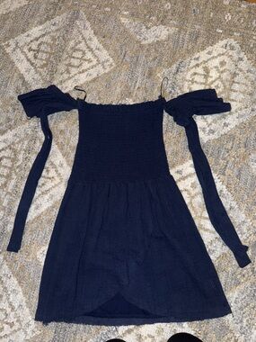 Skylar + Madison Navy Off-Shoulder Smocked Mini Dress - runs small